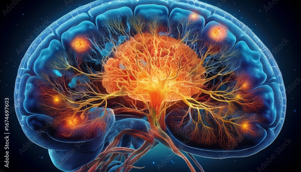 Poster an infographic showing how multiple sclerosis impacts brain health over time with detailed images of