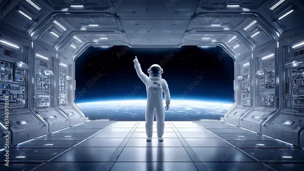 Poster astronaut in spaceship pointing to earth