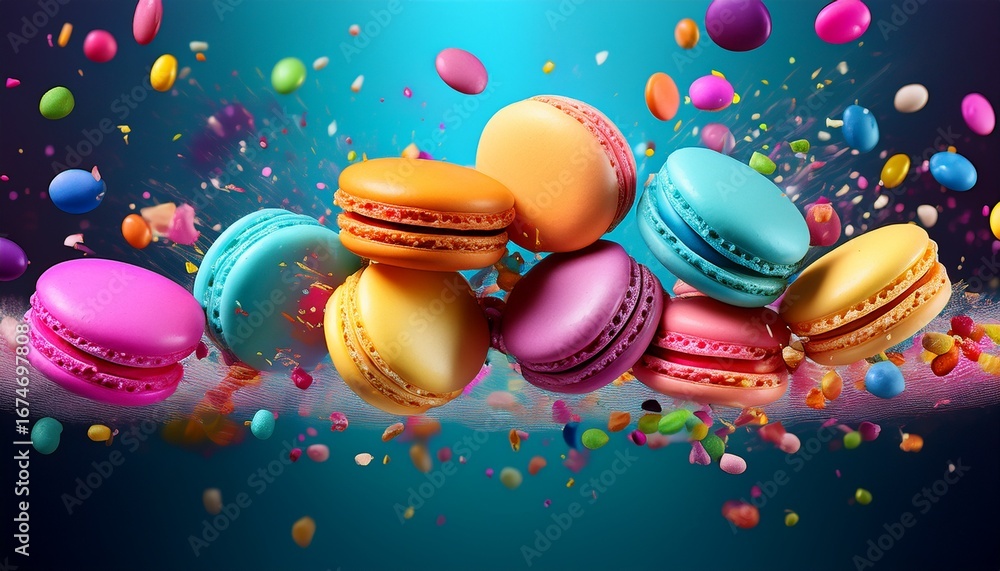 Poster floating colorful macarons with candy sprinkles gradient macarons colorful candy sprinkles gradient 