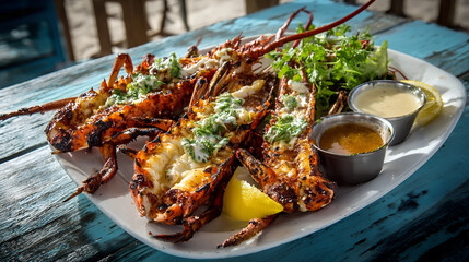Grilled Lobster Delight: This image offers a close-up shot of meticulously grilled lobster tails arranged on a plate, complete with a side of fresh greens and savory dipping sauces.