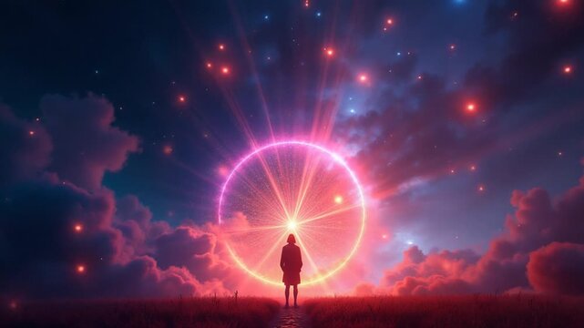 The showcases dynamic light effects and vibrant artistic imagery