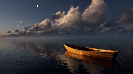 Tranquil night scene of a wooden boat floating on calm water under a moonlit sky with clouds
