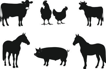 Farm animal silhouette illustration set, cow, chicken, pig, horse, livestock design, agriculture concept, rural life, farming, pasture, domestic animals