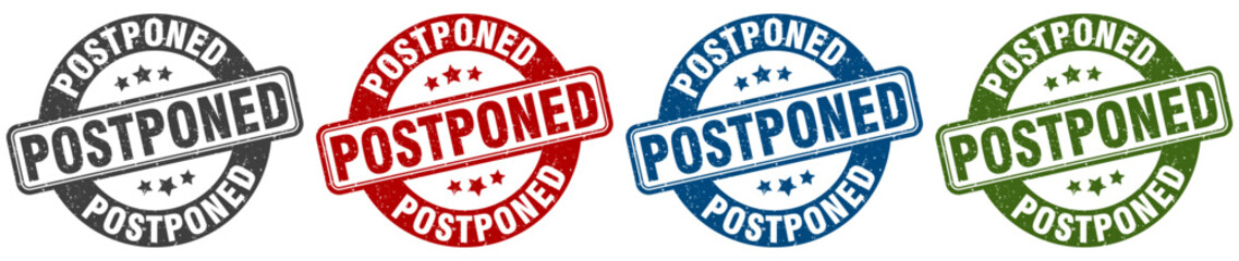 postponed stamp. postponed round stamp set isolated on white background