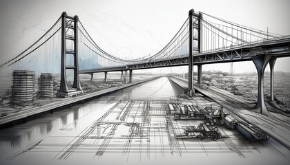 architectural sketch of bridge building process featuring engineering and design concepts