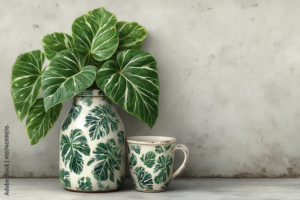 Poster lush green foliage emerging from an intricately designed decorative vase paired with a matching cup 