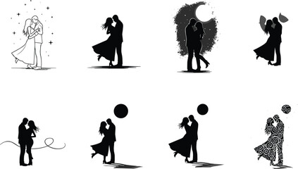 Romantic couple silhouette collection, kissing and embracing poses, love illustration, artistic design, relationship concept, passion, affection, romance, wedding, valentine theme