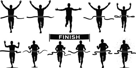 Runner silhouette illustration set, crossing finish line, race victory, marathon, sprint, athlete celebration, sports competition, winning moment, success, motion