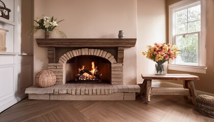 rustic fireplace with wooden bench and colorful flowers in a vase beige and brown tones cozy and inviting rustic interior design