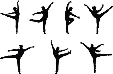 Silhouette ballet dancers in dynamic poses, arabesque, leg extension, graceful movement, classical dance performance, artistic choreography illustration for creative design