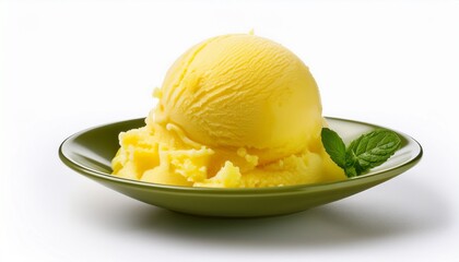 a scoop of bright lemon sorbet isolated on a white background emphasizing the refreshing and vibrant color of this frozen dessert