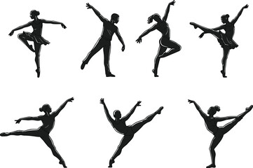 Silhouette ballet dancers in elegant poses, arabesque, pirouette, graceful movement, classical dance performance, artistic choreography illustration for design