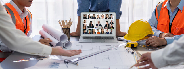 Business people on video conference for brisk virtual group meeting of corprate business office workers
