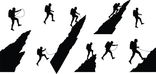 Silhouette climber with backpack using rope, mountain ascent and rappelling, adventure sport, outdoor exploration, travel, challenge, perseverance, extreme activity