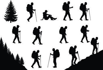 Obraz premium Silhouette hikers with backpacks and trees, trekking walking standing, outdoor adventure, nature exploration, travel, forest landscape, wilderness, hiking activity