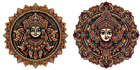 katputli dolls, India.   Decorative vector emblem in the form of a Katputli doll, framed by circular motifs inspired by a mandala, symmetrical ornament, rich in cultural symbols