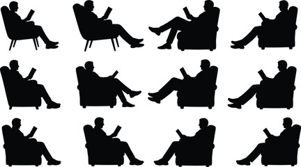 Silhouette man reading book in armchair, relaxed sitting poses, leisure activity, home interior, artistic illustration, comfortable furniture design reference