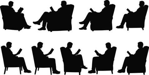 Silhouette man reading book in armchair, relaxed sitting poses, leisure activity, home interior, artistic illustration, comfortable furniture, casual posture
