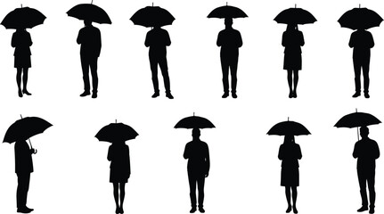 Silhouette people holding umbrellas in standing postures, varied attire, front side views, rain protection, weather, fashion, outdoor lifestyle, design element