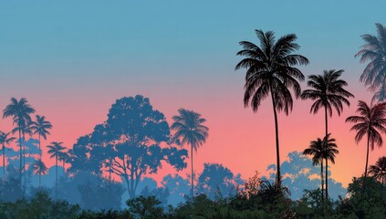 Obraz premium Silhouetted tropical trees at sunset