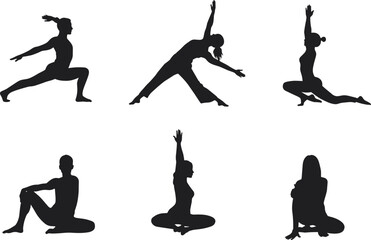 Silhouette yoga poses with lunge, triangle, seated positions, flexibility, balance, meditation, wellness, fitness illustration for health and lifestyle design