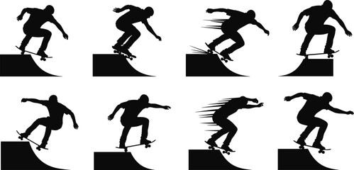 Skateboarder silhouette illustration set, ramp tricks, extreme sport, skateboarding jumps, stunt performance, urban lifestyle, action pose, street culture, youth