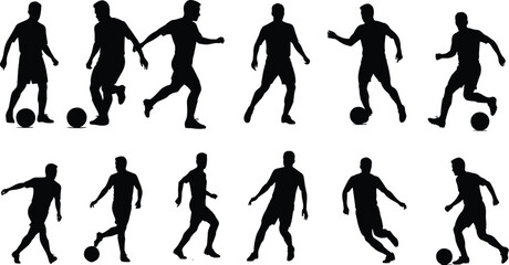 Soccer player silhouette illustration set, football poses, dribbling, kicking, running, sport activity, athlete motion, game, action, performance, training, skill