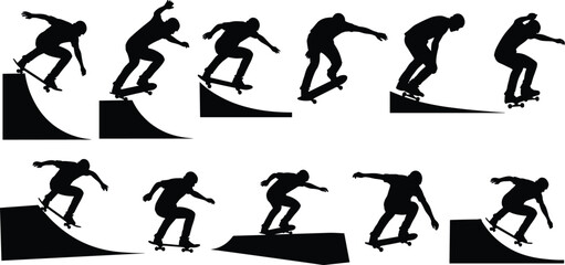 Skateboarder silhouette illustration set, skateboarding tricks, ramp jumps, extreme sport, street style, action pose, urban lifestyle, stunt, youth culture