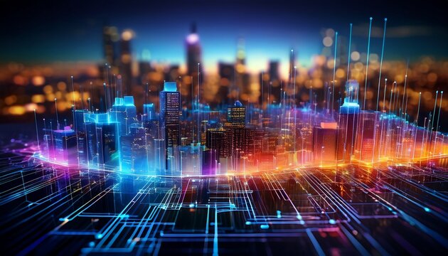high tech data network color grids over miniature cityscape with cinematic coloring created with generative ai technology created with generative ai technology