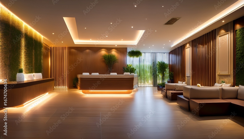 Poster serene spa reception a calming and inviting spa reception area bathed in warm ambient lighting clean