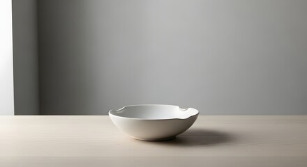 A delicate ceramic bowl with a slightly irregular rim sits on a neutral surface with soft shadows cast by natural light