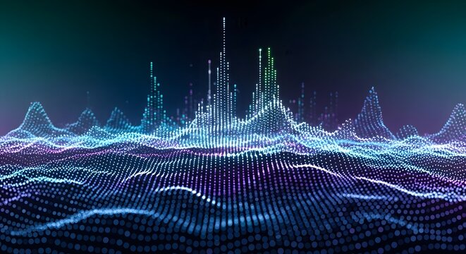 Abstract digital sound wave visualization with glowing particles and futuristic glowing lines on a dark background