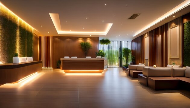 serene spa reception a calming and inviting spa reception area bathed in warm ambient lighting clean lines and elegant design create a tranquil atmosphere
