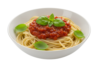 Spaghetti Bowl with Sauce White bowl of spaghetti topped with tomato sauce and basil