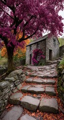 Rustic stone house, autumnal colors, winding path