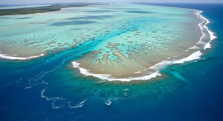 Aerial view of a vibrant turquoise coral reef system with clear blue ocean waters and white wave crests