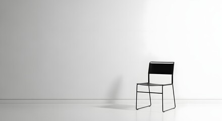 Minimalist modern metal chair with black seat and back rests against a stark white wall with soft shadow