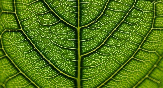 Extreme close up macro photograph of a vibrant green leaf showing intricate vein patterns and cellular structure
