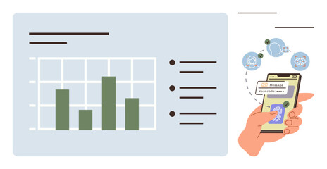 Bar chart with data points and analytics alongside hand holding smartphone displaying a security code input. Ideal for data analysis, security, business, mobile technology, finance, communication