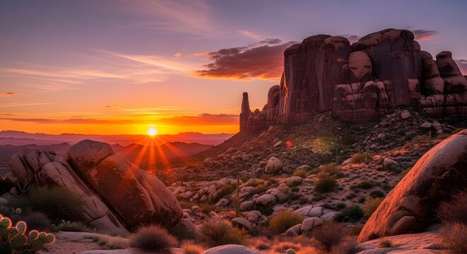 Vibrant desert sunset paints the sky with fiery orange and purple hues over rugged rock formations and joshua trees