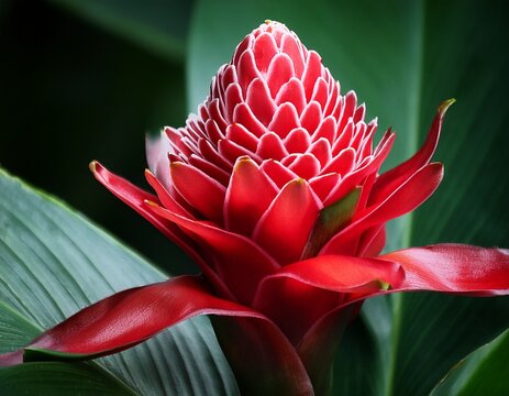 vibrant red ginger flower with lush green leaves - Powered by Adobe