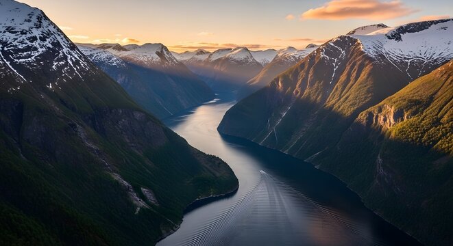 Majestic fiordland national park vista with snow capped mountains and winding waterway at sunrise golden hour light