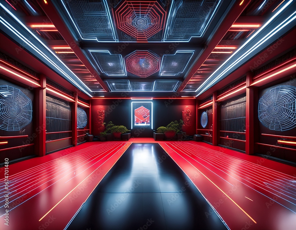 Poster a high tech cyber dojo 3d background room with interactive training holograms sleek black and red in