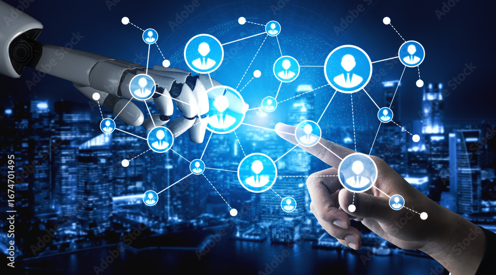Poster a human hand and robotic arm reach towards each other, creating a digital network connection that sy
