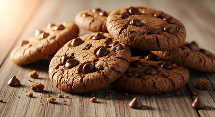 Deliciously baked chocolate chip cookies with a warm rustic feel on a wooden surface perfect for baking and dessert themes