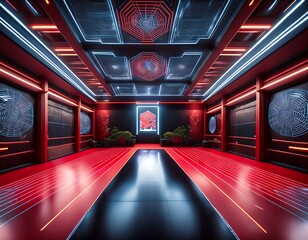 a high tech cyber dojo 3d background room with interactive training holograms sleek black and red interior design and glowing neon katana racks the space blends traditional martial arts with