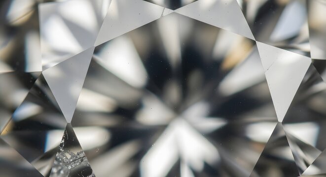 Extreme close up of a brilliant cut diamond showcasing its intricate facets and sparkling light refraction for luxury and beauty concepts