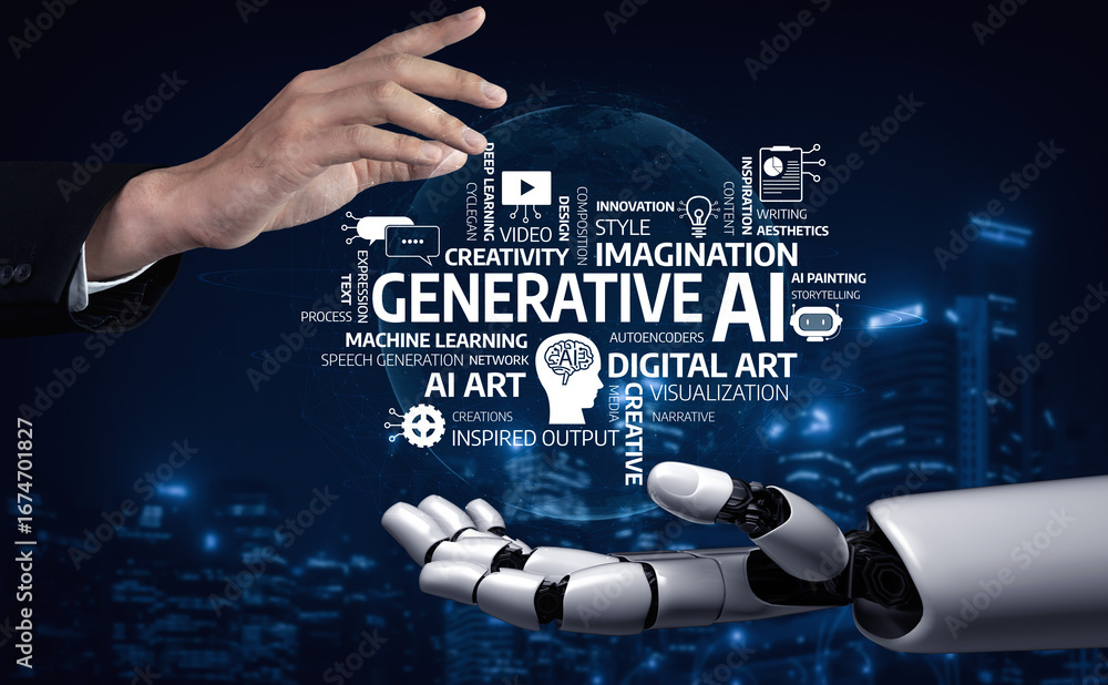 Poster a human hand and a robotic arm extend towards one another, symbolizing the intersection of creativit