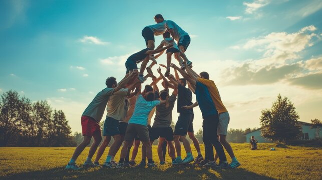 Group of men forming a human pyramid outdoors at sunset.