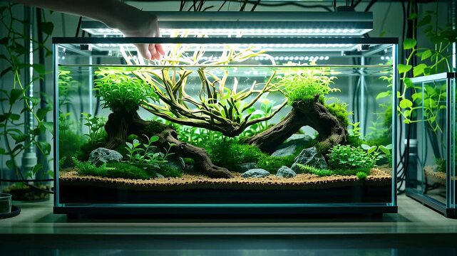 Aquascape with Lush Green Plants and Decorative Stones in a Brightly Lit Aquarium Setting